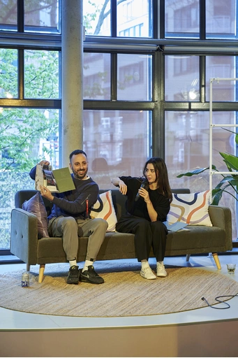 Carlo De Gaetano and Mariana Fernández Mora launching the zine “Making Waves #2” at VOX-POP, during the Climate Imaginaries at Sea Festival. Photo: Simon Pillaud.